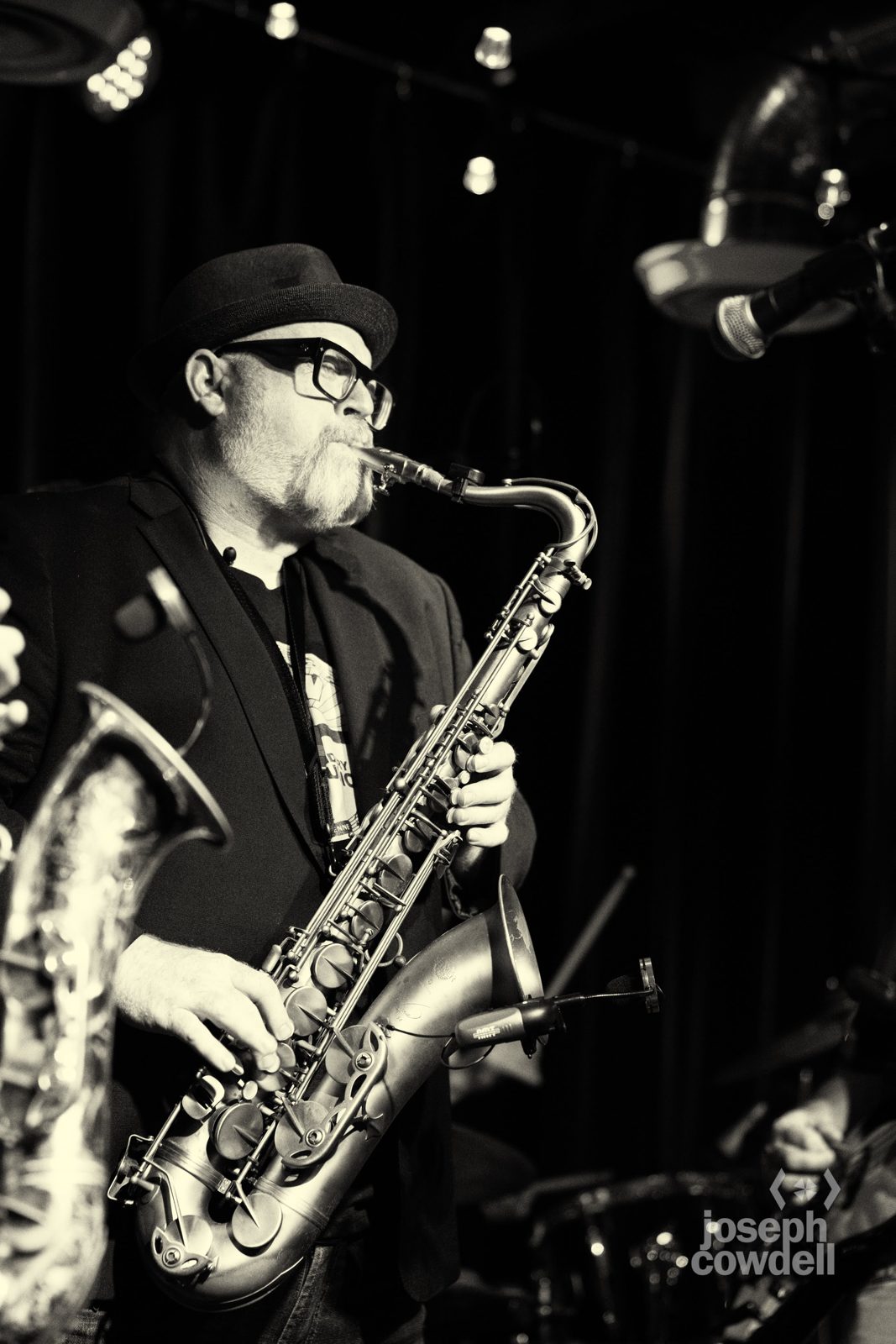 Steve Wilson playing tenor saxophone in black and white